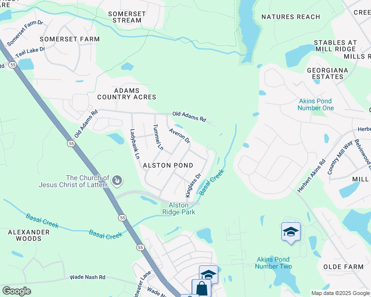 map of restaurants, bars, coffee shops, grocery stores, and more near 2549 Averon Drive in Fuquay-Varina