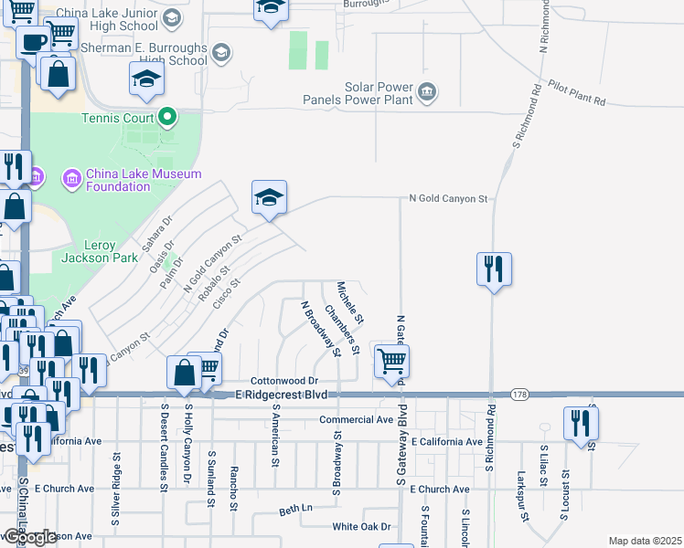 map of restaurants, bars, coffee shops, grocery stores, and more near 729 North Sunland Drive in Ridgecrest
