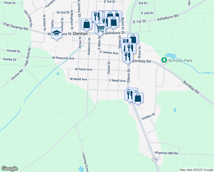 map of restaurants, bars, coffee shops, grocery stores, and more near 452 Daniel Street in Denton