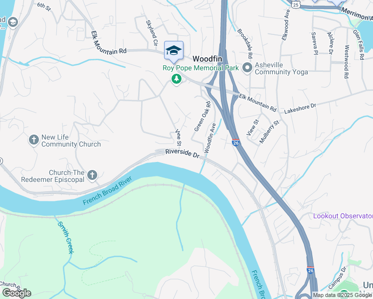 map of restaurants, bars, coffee shops, grocery stores, and more near 1050 Riverside Drive in Woodfin