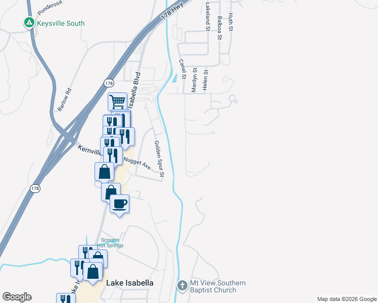map of restaurants, bars, coffee shops, grocery stores, and more near 3728 Oak Meadow Road in Lake Isabella