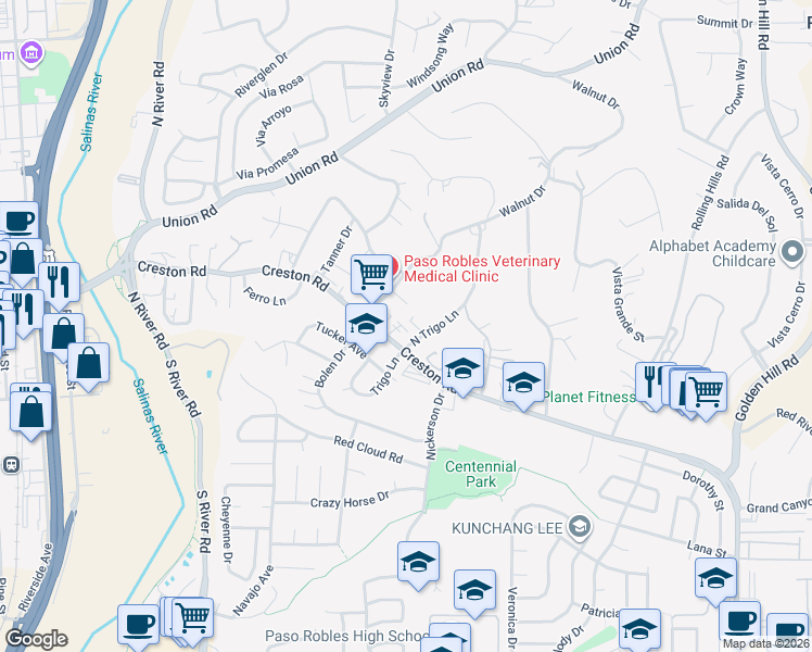 map of restaurants, bars, coffee shops, grocery stores, and more near 710 North Trigo Lane in Paso Robles