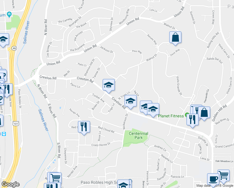 map of restaurants, bars, coffee shops, grocery stores, and more near 719 Creston Road in Paso Robles
