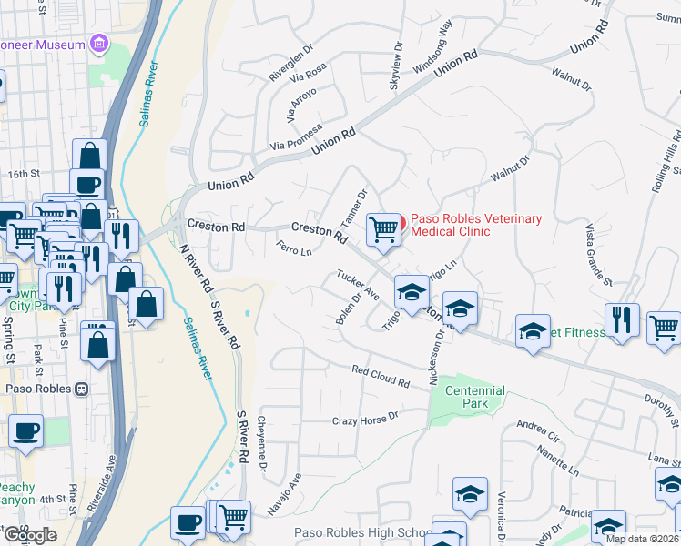 map of restaurants, bars, coffee shops, grocery stores, and more near 610 Tucker Avenue in Paso Robles
