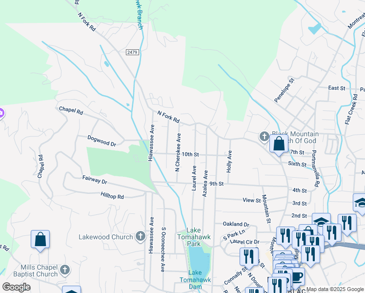 map of restaurants, bars, coffee shops, grocery stores, and more near 804 North Cherokee Avenue in Black Mountain