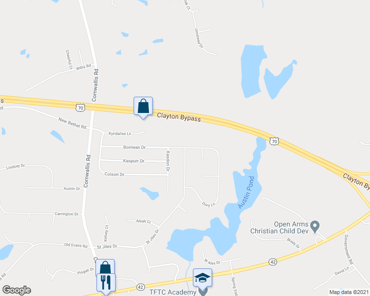 map of restaurants, bars, coffee shops, grocery stores, and more near 395 Bornean Drive in Clayton
