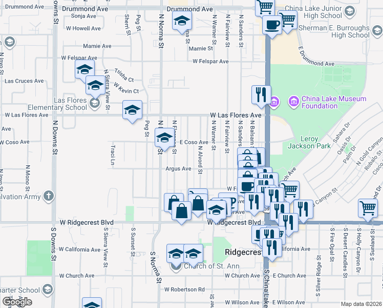 map of restaurants, bars, coffee shops, grocery stores, and more near 304 North Helena Street in Ridgecrest