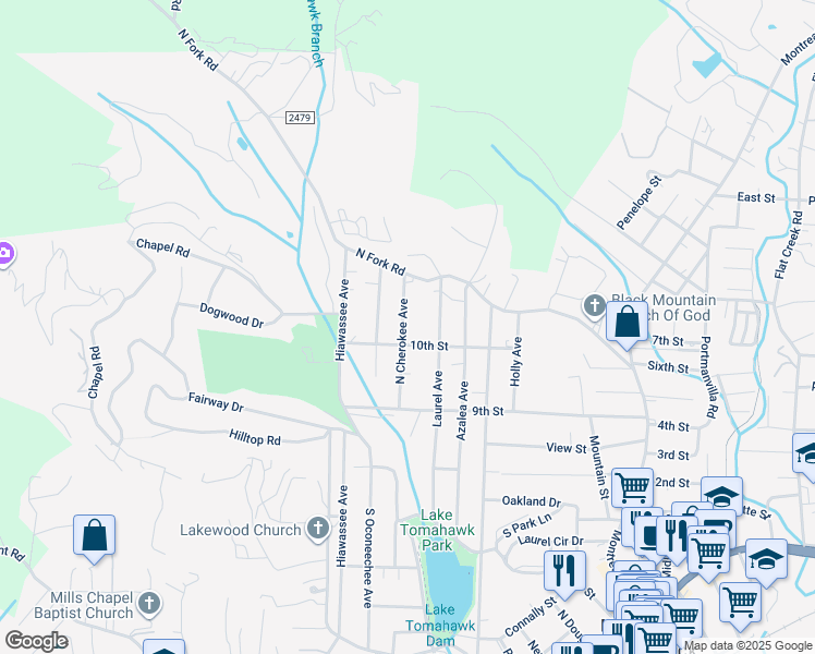 map of restaurants, bars, coffee shops, grocery stores, and more near 804 North Cherokee Avenue in Black Mountain