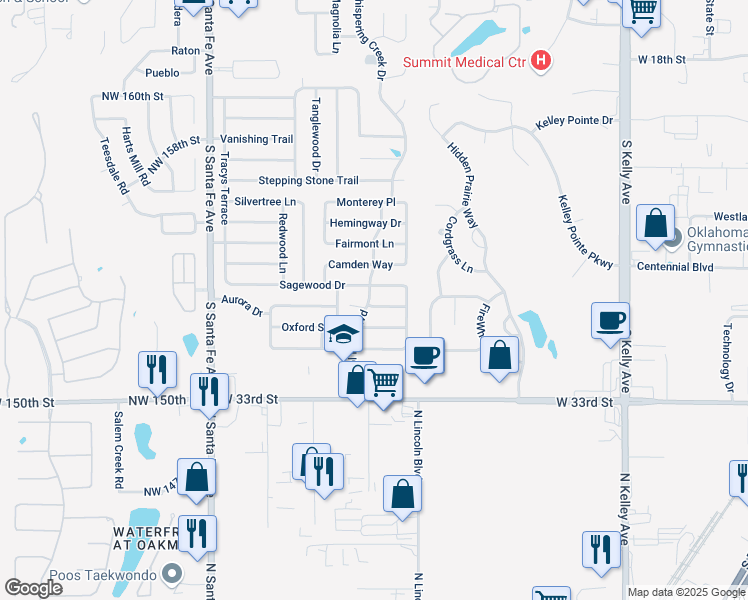 map of restaurants, bars, coffee shops, grocery stores, and more near 2817 Bristol Park Boulevard in Edmond