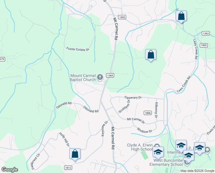 map of restaurants, bars, coffee shops, grocery stores, and more near 11 David Court in Asheville