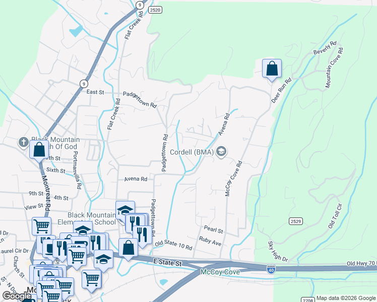 map of restaurants, bars, coffee shops, grocery stores, and more near 351 Avena Road in Black Mountain