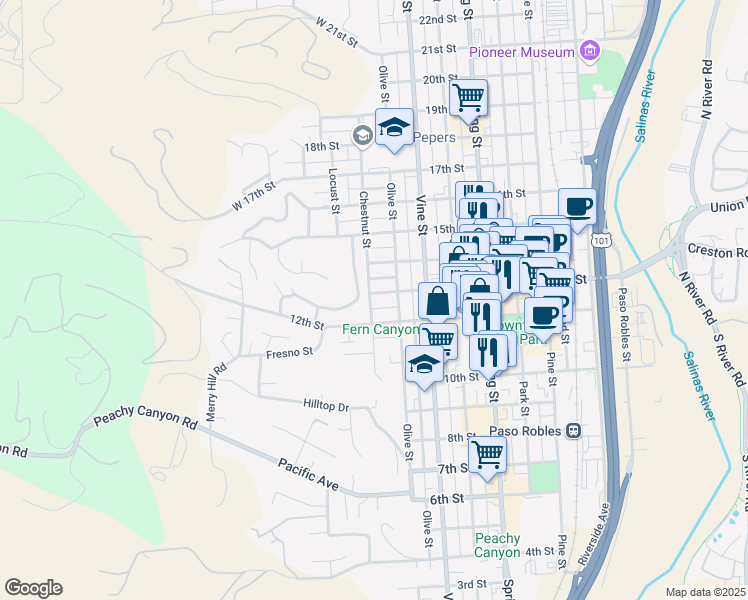 map of restaurants, bars, coffee shops, grocery stores, and more near 304 13th Street in Paso Robles