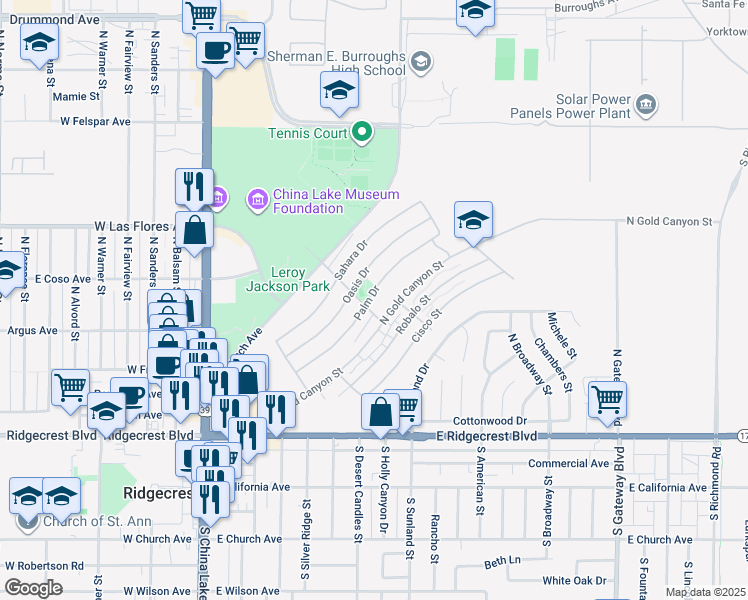 map of restaurants, bars, coffee shops, grocery stores, and more near 400 Palm Drive in Ridgecrest