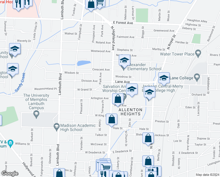 map of restaurants, bars, coffee shops, grocery stores, and more near 803 North Highland Avenue in Jackson