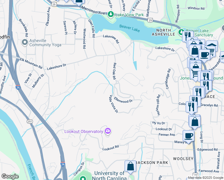map of restaurants, bars, coffee shops, grocery stores, and more near 3 Ellenwood Drive in Asheville