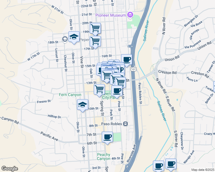 map of restaurants, bars, coffee shops, grocery stores, and more near 803 13th Street in Paso Robles