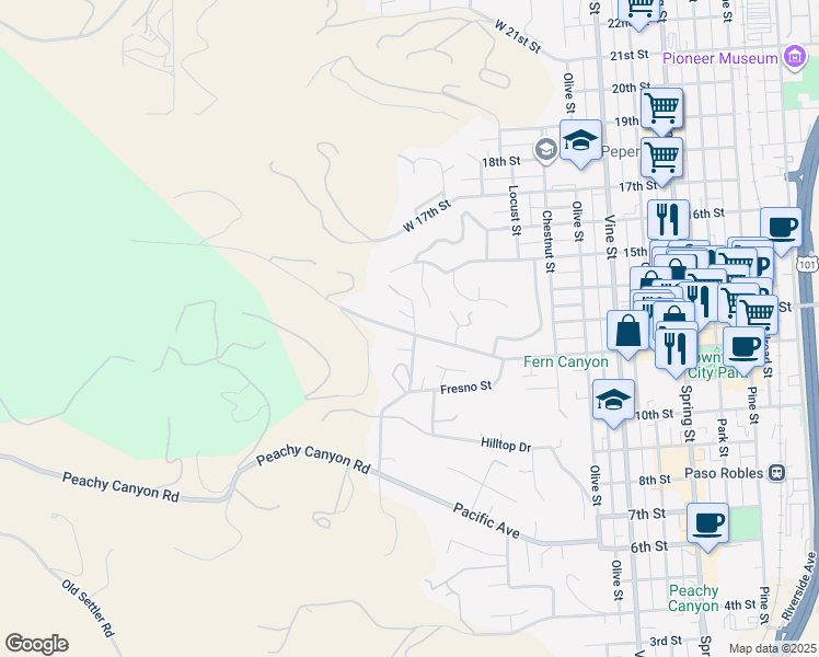 map of restaurants, bars, coffee shops, grocery stores, and more near 5 12th Street in Paso Robles