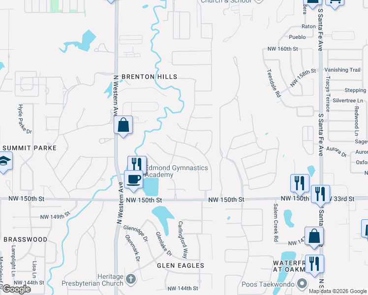 map of restaurants, bars, coffee shops, grocery stores, and more near 15324 Wilford Way in Edmond