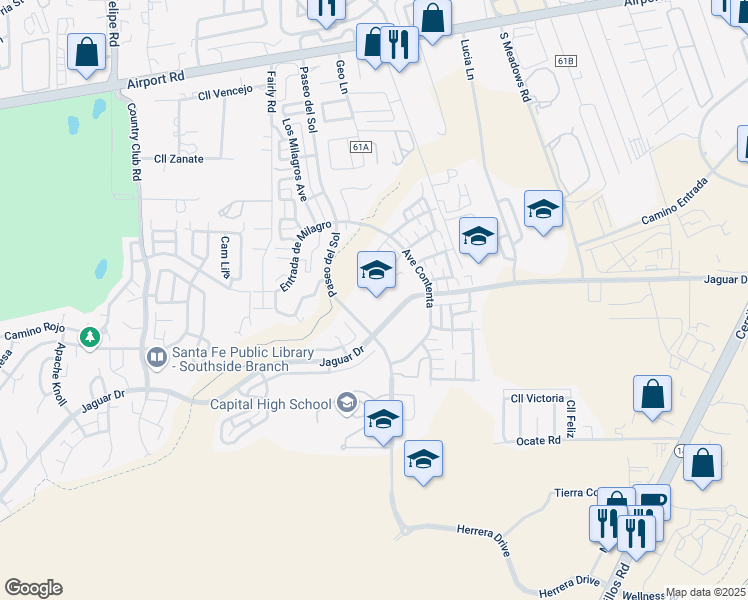 map of restaurants, bars, coffee shops, grocery stores, and more near 6251 Jaguar Drive in Santa Fe