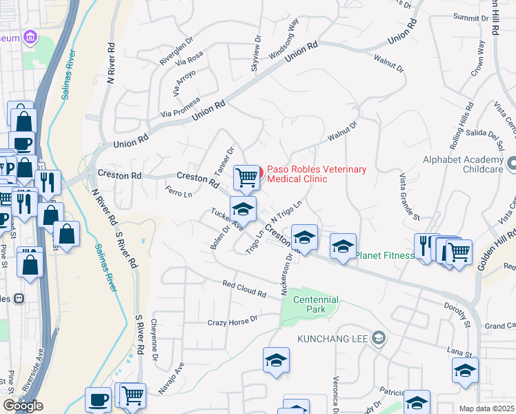 map of restaurants, bars, coffee shops, grocery stores, and more near 729 Walnut Drive in Paso Robles