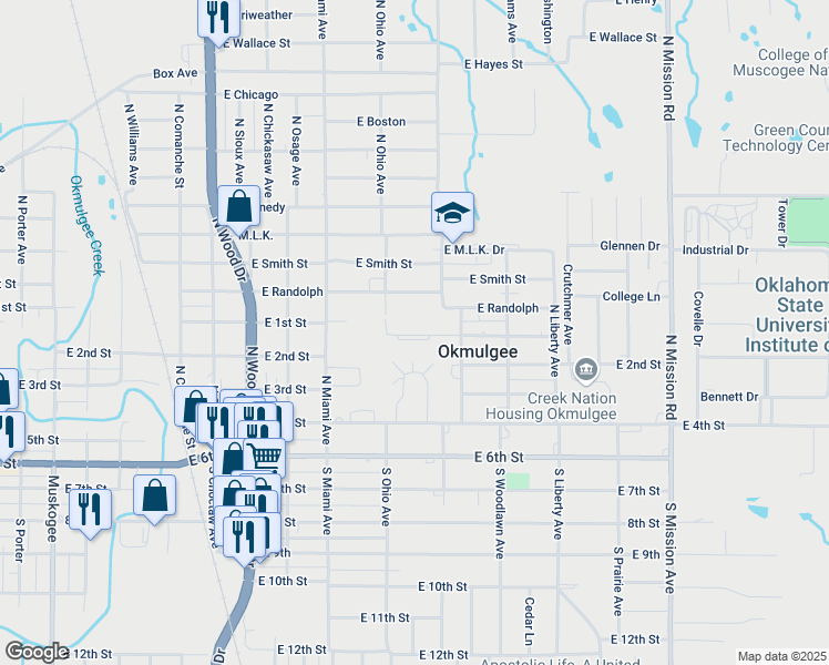 map of restaurants, bars, coffee shops, grocery stores, and more near 1309 North Ohio Avenue in Okmulgee
