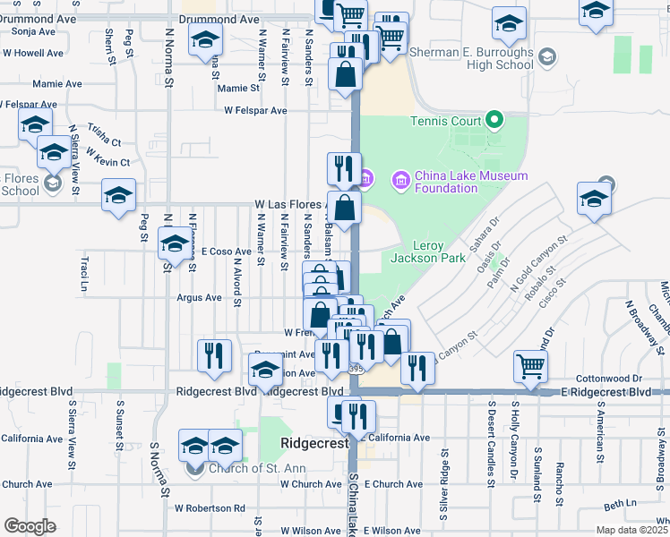 map of restaurants, bars, coffee shops, grocery stores, and more near 400 Balsam Street in Ridgecrest