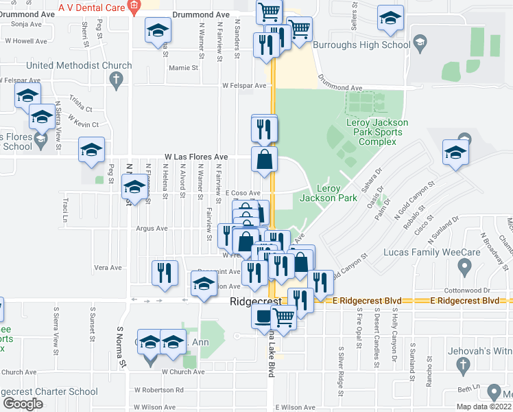 map of restaurants, bars, coffee shops, grocery stores, and more near 328 Balsam Street in Ridgecrest
