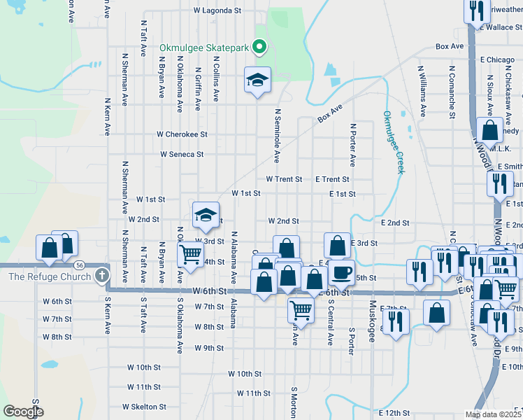 map of restaurants, bars, coffee shops, grocery stores, and more near 511 North Okmulgee Avenue in Okmulgee