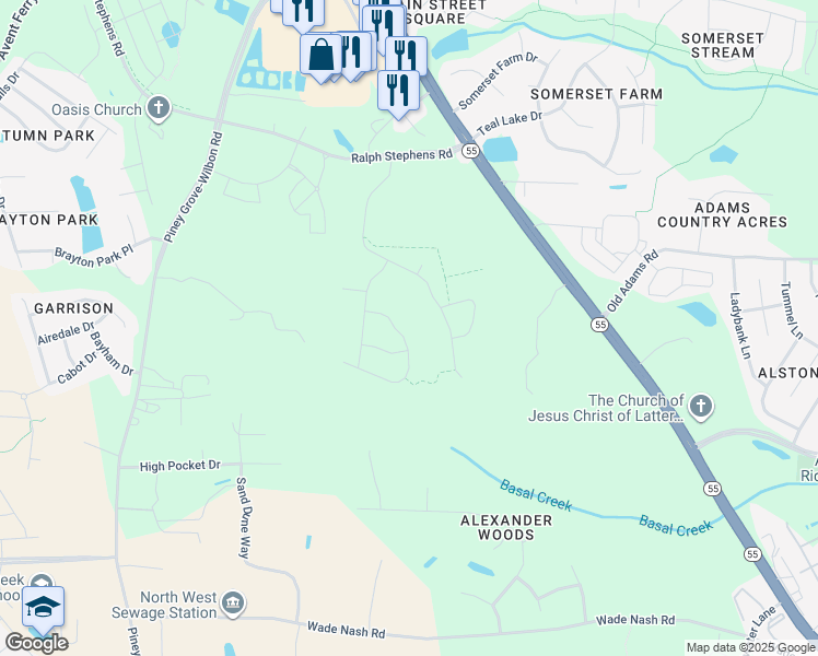 map of restaurants, bars, coffee shops, grocery stores, and more near 517 Wildwood Farm Way in Holly Springs
