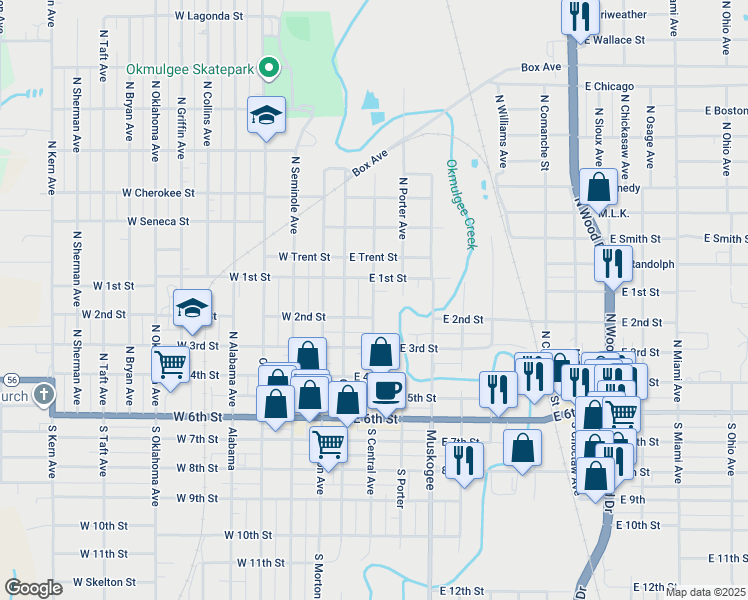 map of restaurants, bars, coffee shops, grocery stores, and more near 521 North Central Avenue in Okmulgee