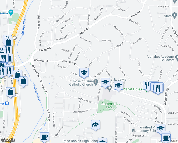 map of restaurants, bars, coffee shops, grocery stores, and more near 729 Walnut Drive in Paso Robles