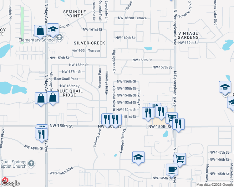 map of restaurants, bars, coffee shops, grocery stores, and more near 2421 Northwest 154th Street in Edmond