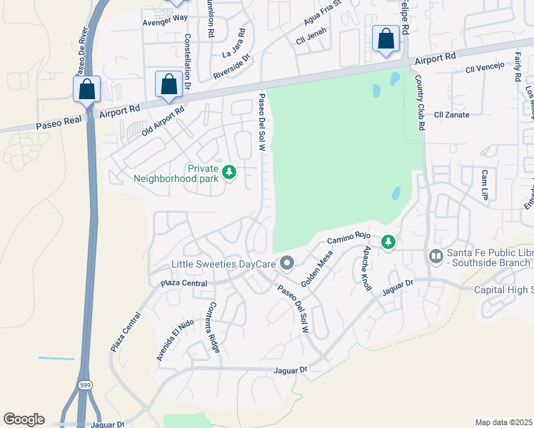 map of restaurants, bars, coffee shops, grocery stores, and more near 6430 Paseo Del Sol West in Santa Fe