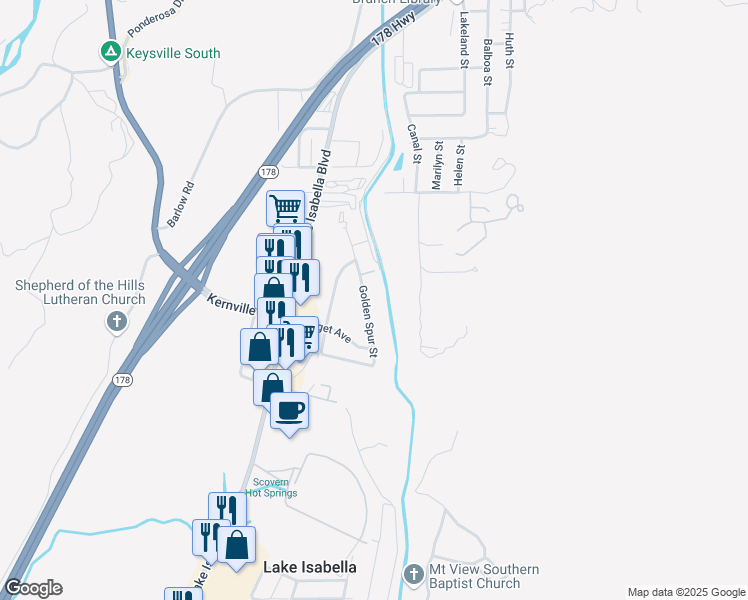 map of restaurants, bars, coffee shops, grocery stores, and more near 3714 Golden Spur Street in Lake Isabella