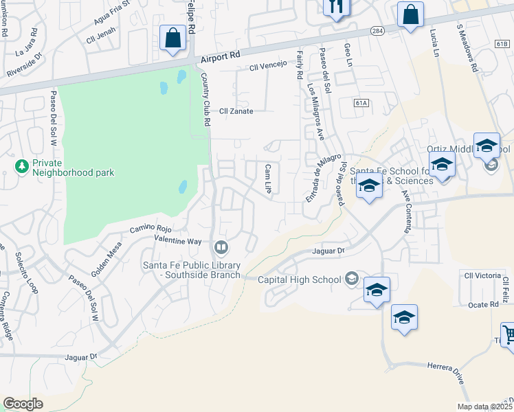 map of restaurants, bars, coffee shops, grocery stores, and more near 4401 Blue Juniper Loop in Santa Fe