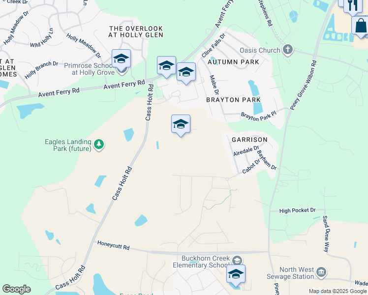 map of restaurants, bars, coffee shops, grocery stores, and more near 5329 Cass Holt Road in Holly Springs