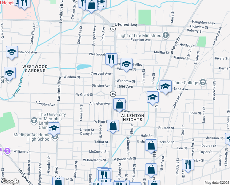 map of restaurants, bars, coffee shops, grocery stores, and more near 808 North Highland Avenue in Jackson
