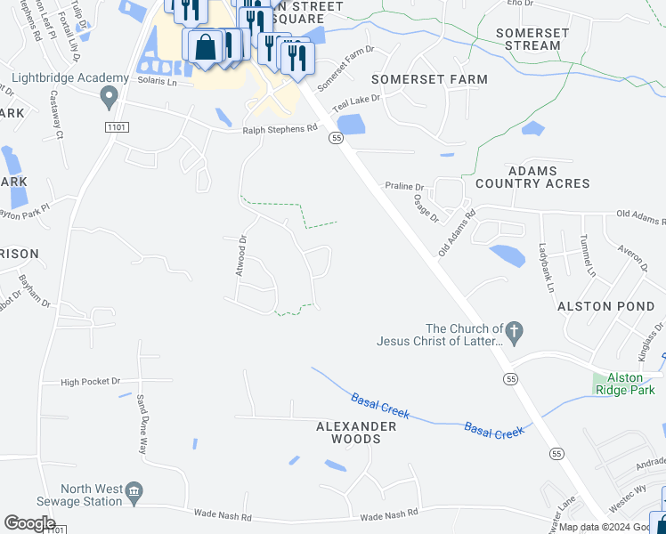 map of restaurants, bars, coffee shops, grocery stores, and more near 144 Greenhurst Circle in Holly Springs