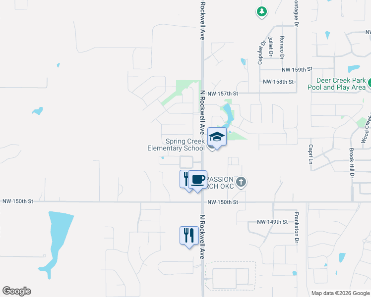 map of restaurants, bars, coffee shops, grocery stores, and more near 15301 North Rockwell Avenue in Edmond