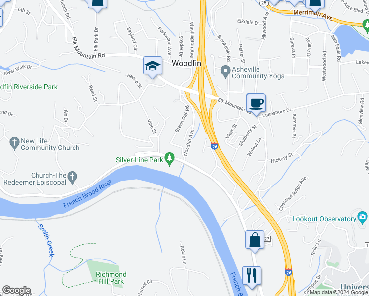 map of restaurants, bars, coffee shops, grocery stores, and more near 84 Green Oak Road in Asheville