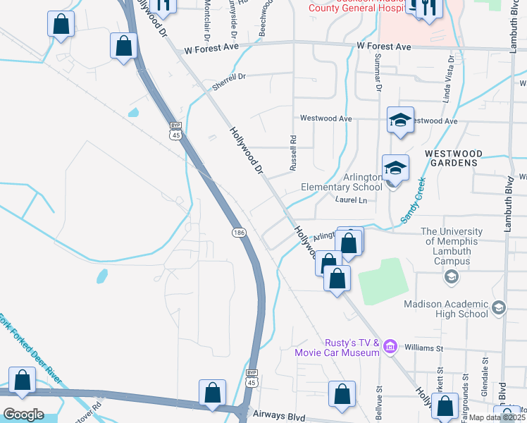 map of restaurants, bars, coffee shops, grocery stores, and more near 1150 Hollywood Drive in Jackson