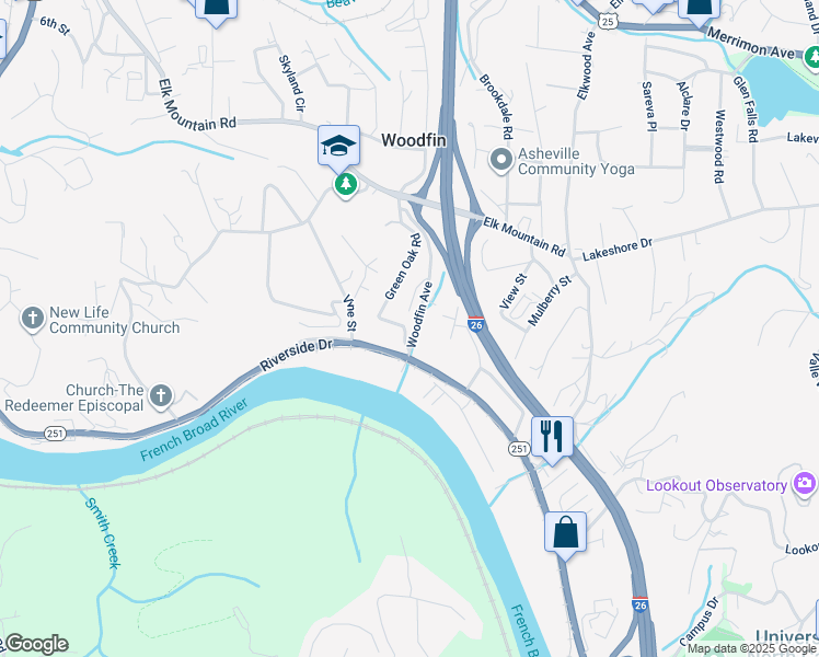 map of restaurants, bars, coffee shops, grocery stores, and more near 84 Green Oak Road in Asheville