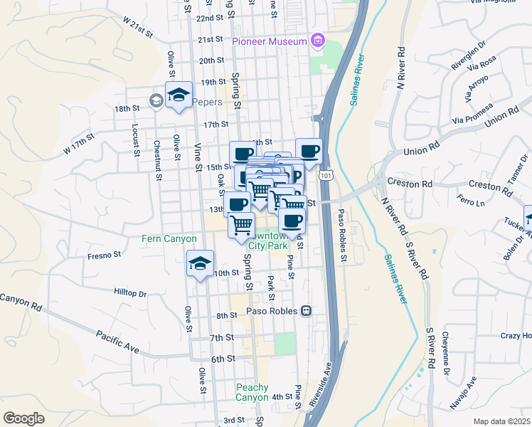 map of restaurants, bars, coffee shops, grocery stores, and more near 1231 Park Street in Paso Robles