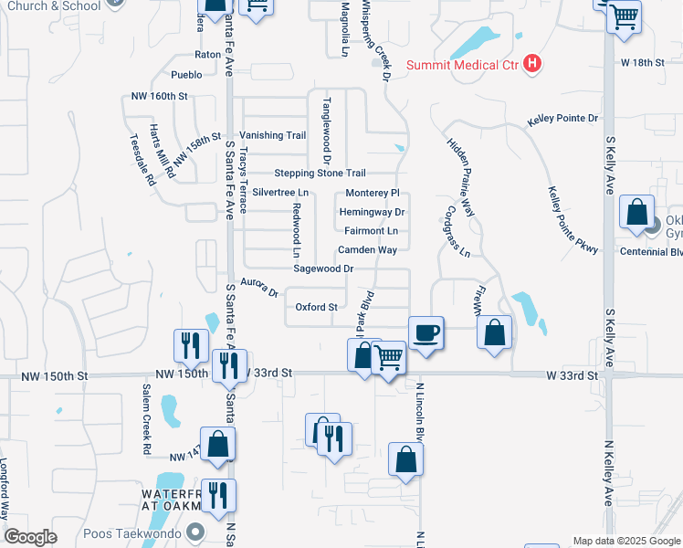 map of restaurants, bars, coffee shops, grocery stores, and more near 1840 Sagewood Drive in Edmond