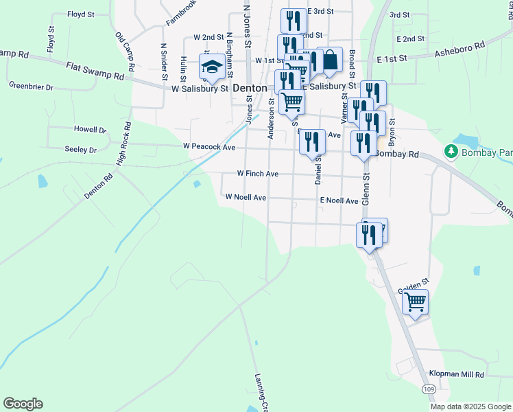 map of restaurants, bars, coffee shops, grocery stores, and more near 92 West Noell Avenue in Denton