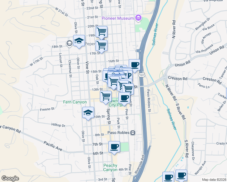 map of restaurants, bars, coffee shops, grocery stores, and more near 803 13th Street in Paso Robles