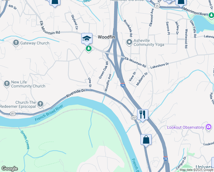 map of restaurants, bars, coffee shops, grocery stores, and more near 9 Woodfin Avenue in Woodfin