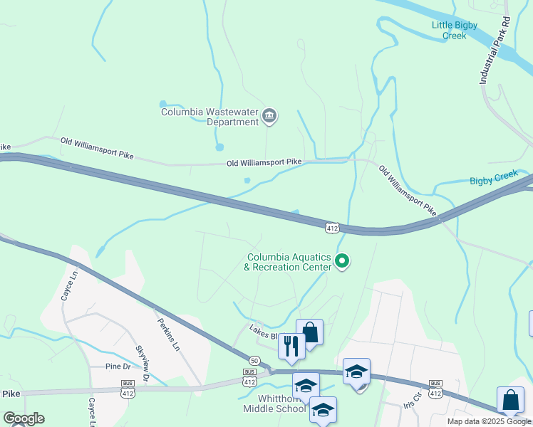 map of restaurants, bars, coffee shops, grocery stores, and more near 1157 Old Williamsport Pike in Columbia