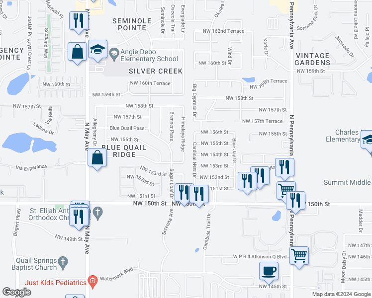 map of restaurants, bars, coffee shops, grocery stores, and more near 15600 Himalaya Ridge in Edmond