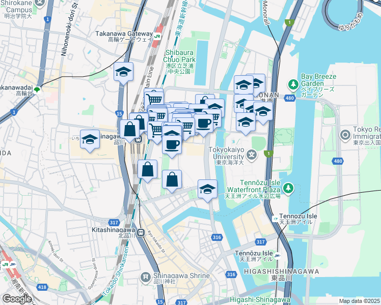 map of restaurants, bars, coffee shops, grocery stores, and more near in Minato City